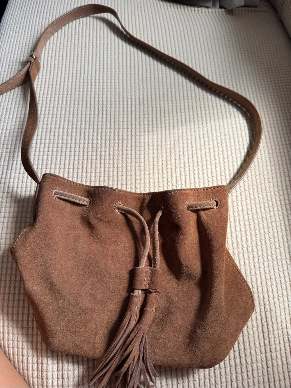 J. Crew 100% leather women’s Brown Suede Drawstring Crossbody Bag with Tassel